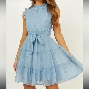 Women's Summer Sleeveless Ruffle Waist Tie Casual Tiered Mini Swing Dress